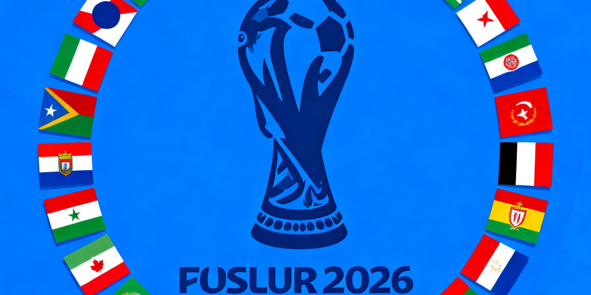 48支2026年世界杯参赛球队的国旗在蓝色背景上排列成环形，象征全球足球大家庭的团结，中心位置是世界杯大力神杯的剪影