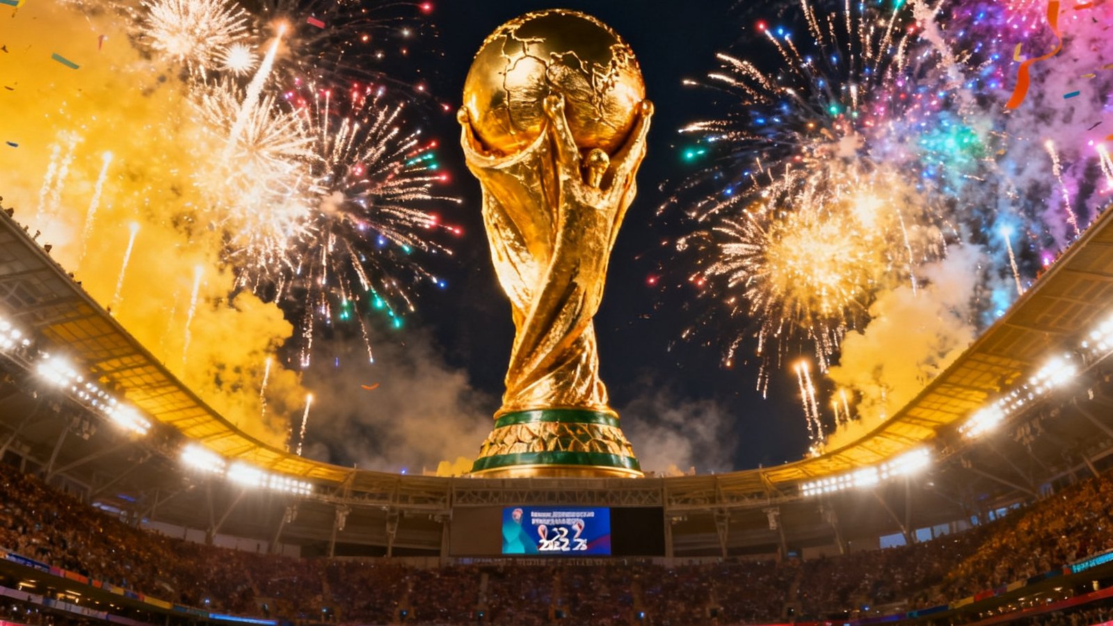 2026年7月19日世界杯决赛在纽约大都会人寿体育场举行,金色大力神杯在球场中央升起,烟花和彩带装点夜空
